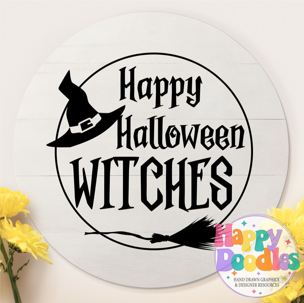 Halloween Sign Circle Happy Halloween Witches SVG | Festive Door Sign SVG for Crafts