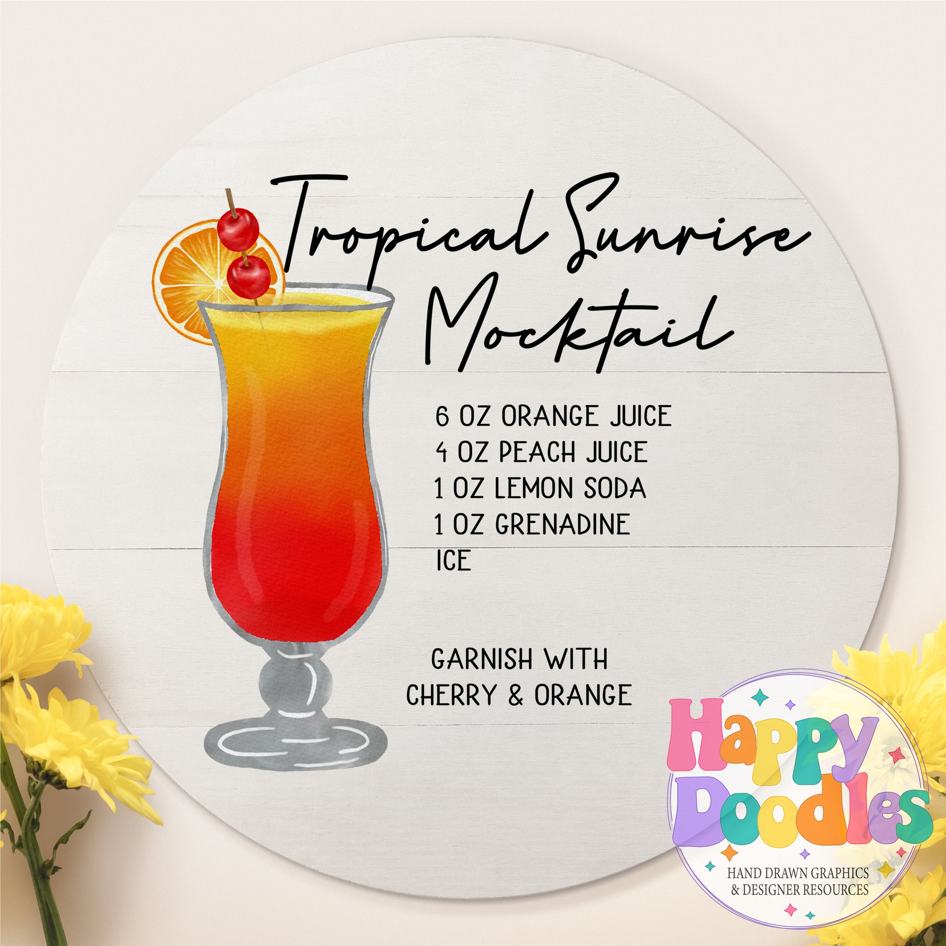 Tropical Sunrise Mocktail Recipe Drink Recipe Printable PNG - Happy Doodles Designs