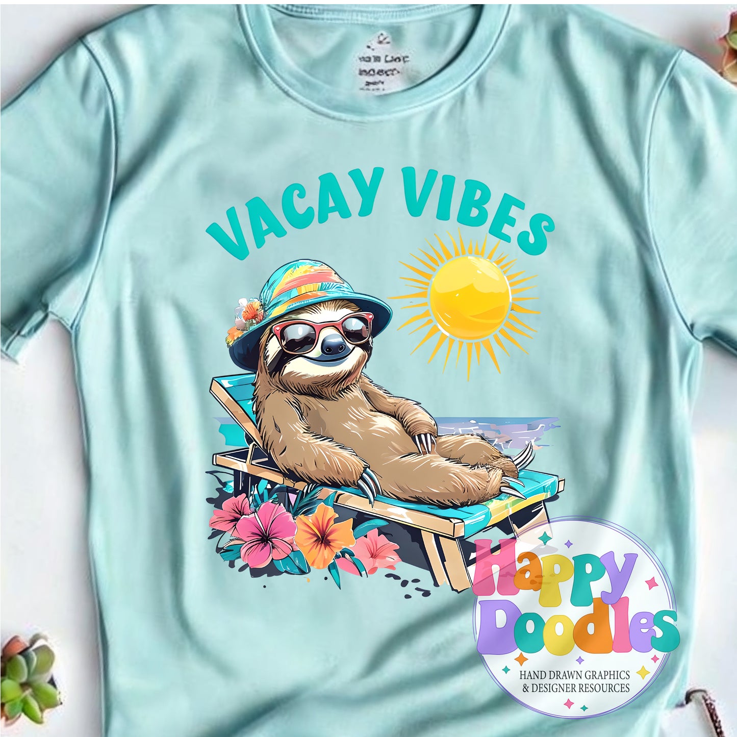 Vacay Vibes Sloth High Resolution Printable PNG - Happy Doodles Designs