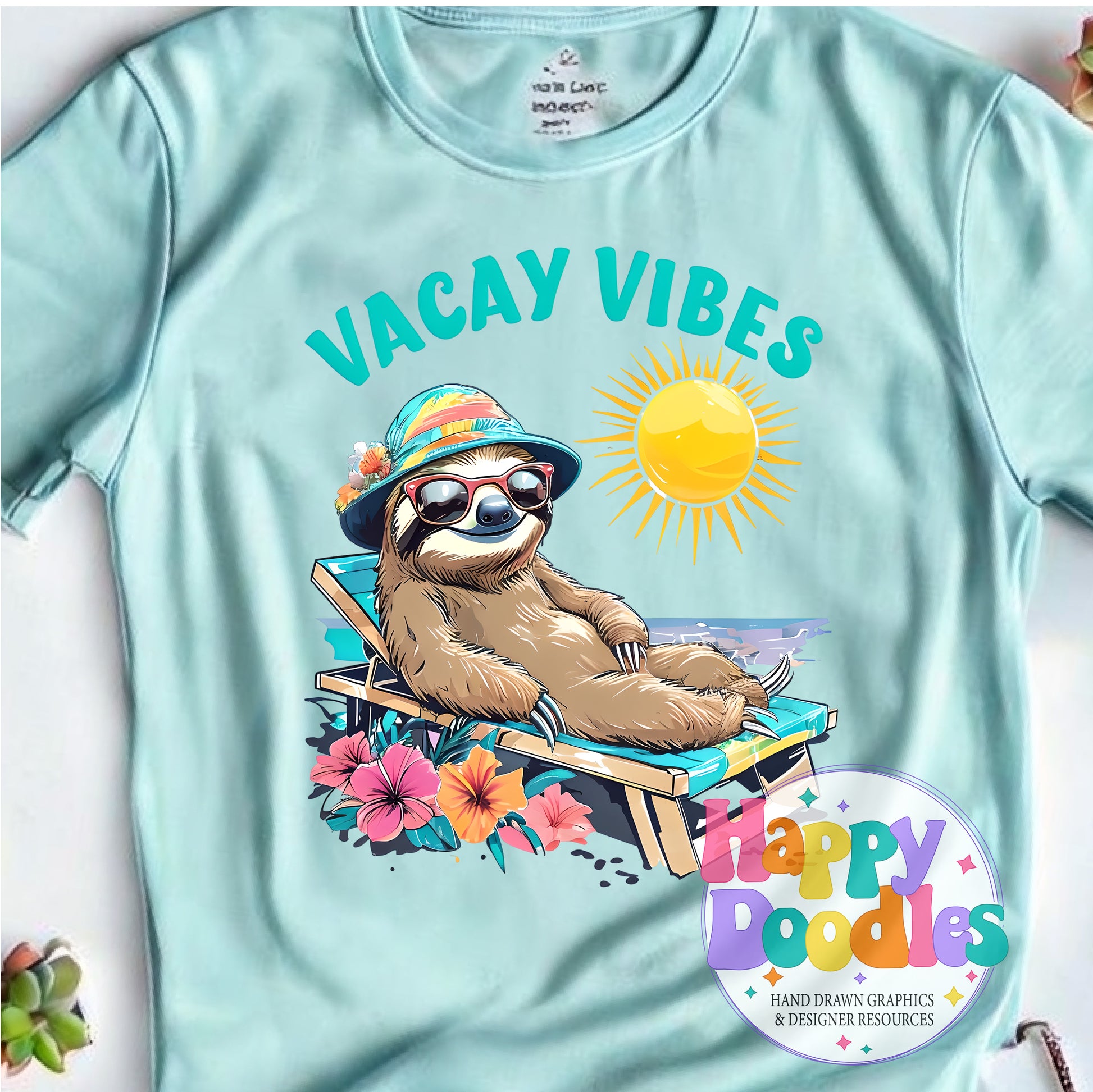 Vacay Vibes Sloth High Resolution Printable PNG - Happy Doodles Designs