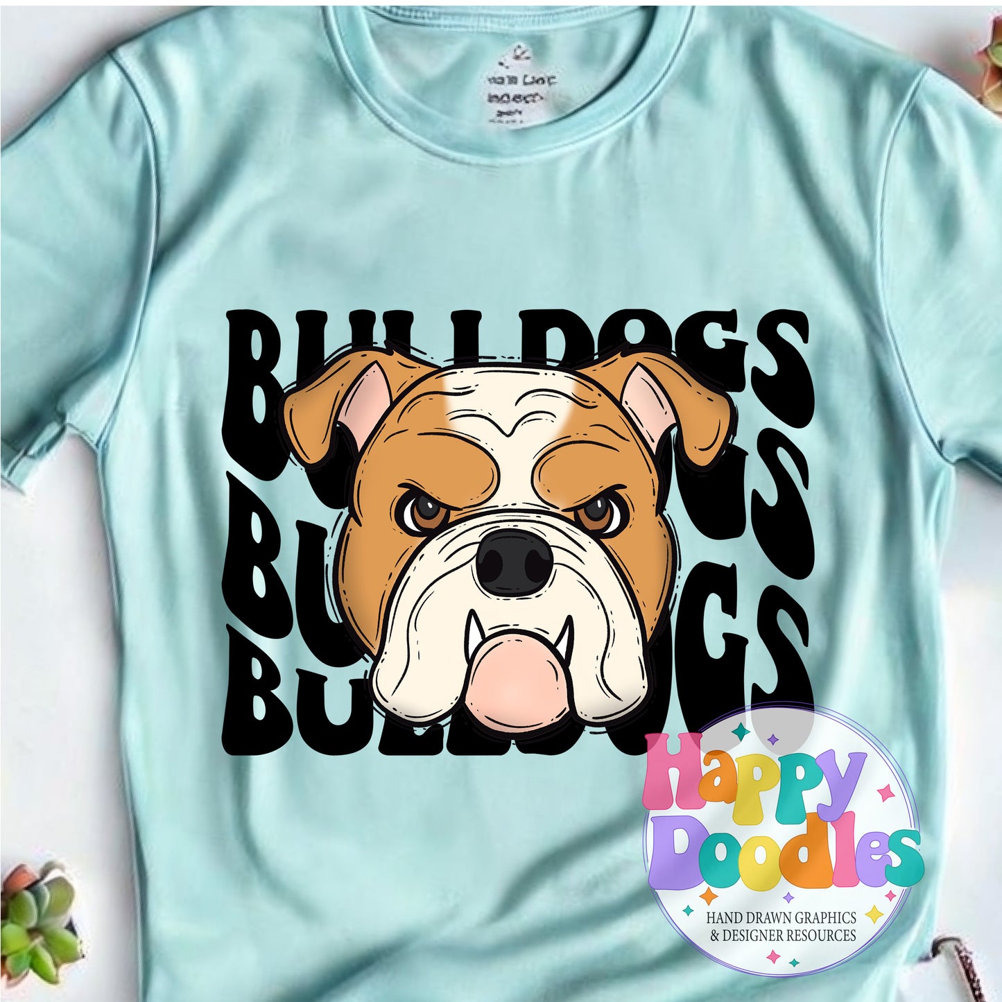 Wavy Retro Bulldogs Mascot DIY Printable T‑Shirt Design - Happy Doodles Designs
