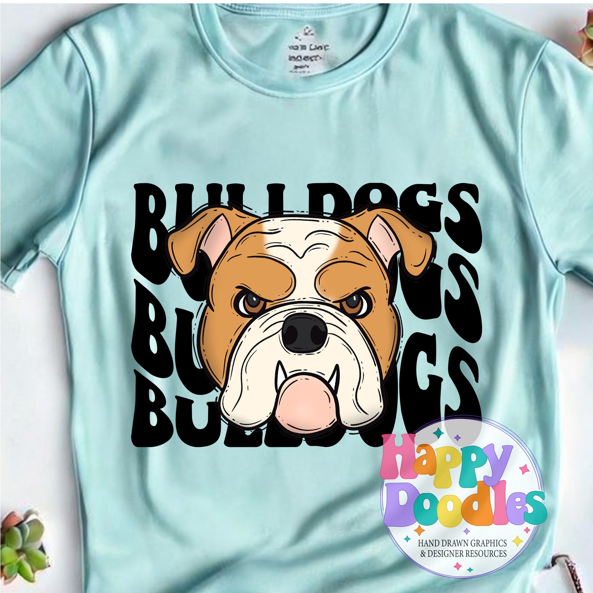 Wavy Retro Bulldogs Mascot DIY Printable T‑Shirt Design - Happy Doodles Designs