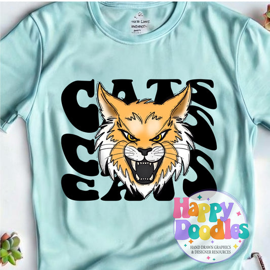 Wavy Retro Cats Mascot T‑Shirt Printable PNG Download - Happy Doodles Designs