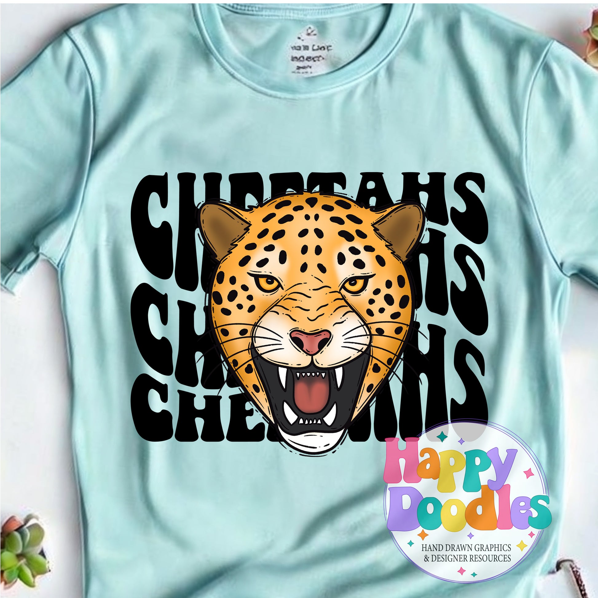 Wavy Retro Cheetahs Mascot High Resolution Printable PNG - Happy Doodles Designs