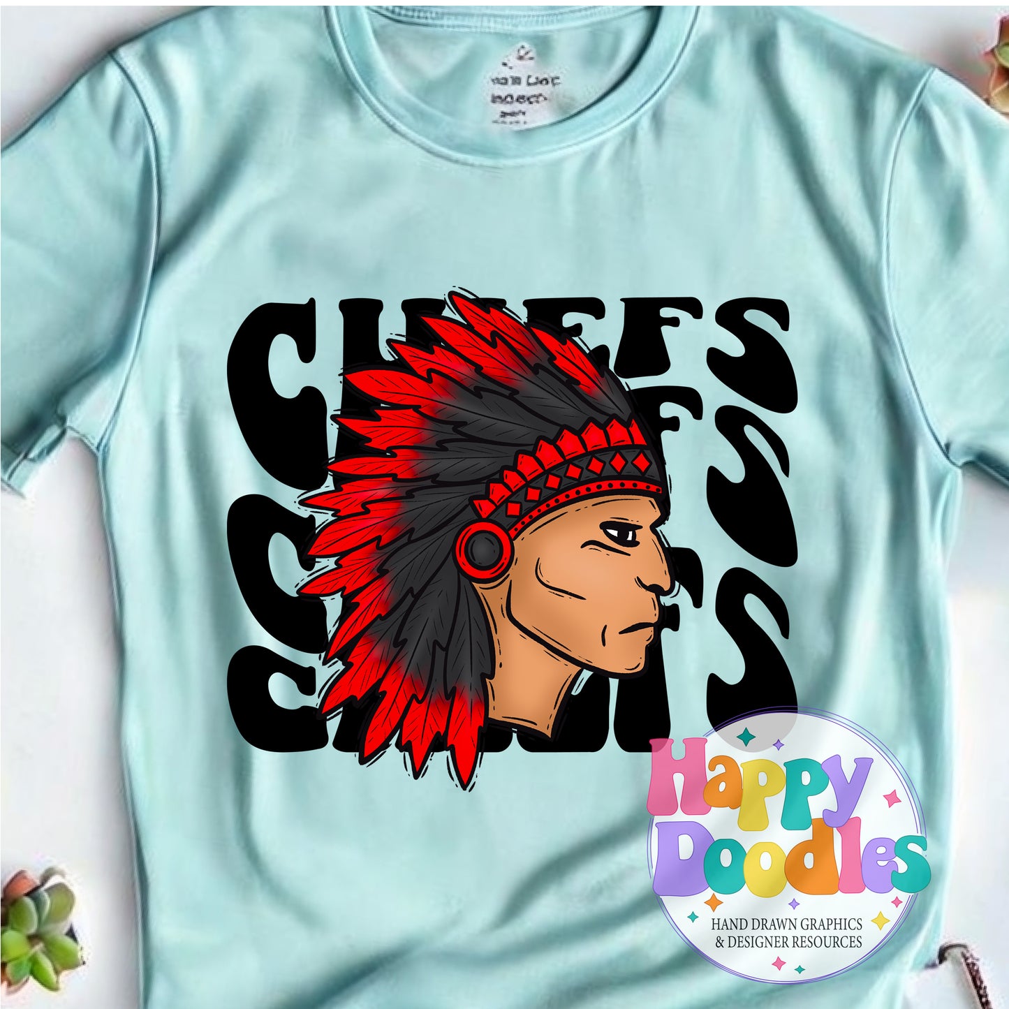 Wavy Retro Chiefs Mascot Printable PNG T‑Shirt Design - Happy Doodles Designs