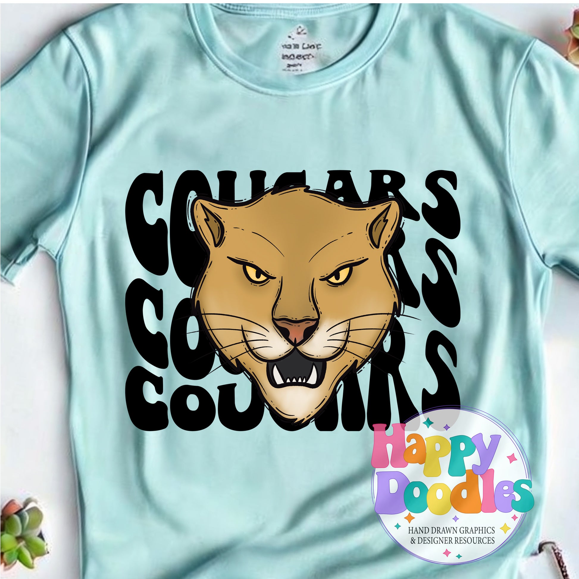 Wavy Retro Cougars Mascot Printable PNG for Sublimation & Crafts - Happy Doodles Designs