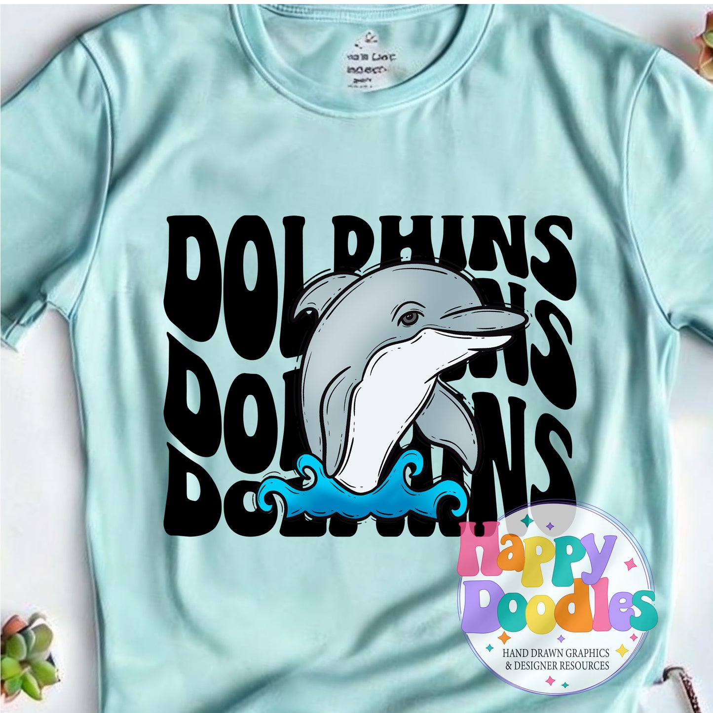 Wavy Retro Dolphins Mascot T‑Shirt Printable PNG Download - Happy Doodles Designs