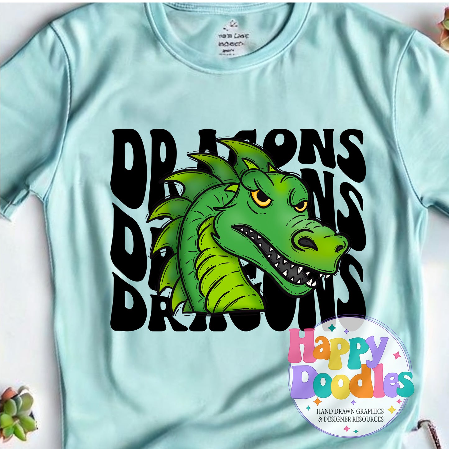 Wavy Retro Dragons Mascot Printable PNG - Happy Doodles Designs