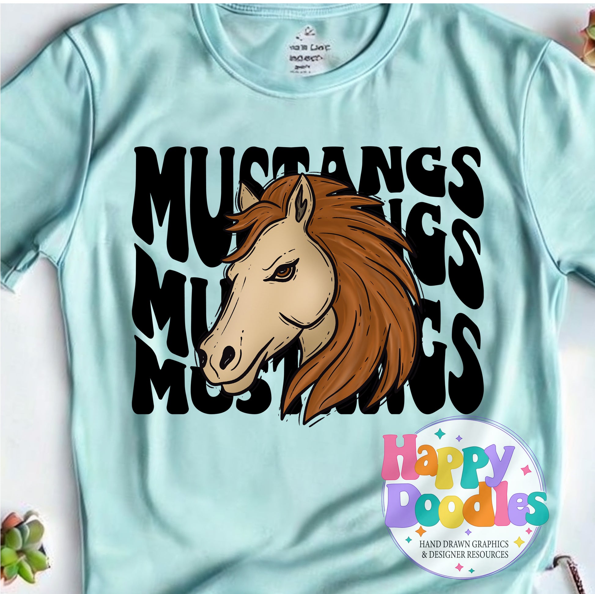 Wavy Retro Mustangs Mascot Printable PNG T‑Shirt Design - Happy Doodles Designs