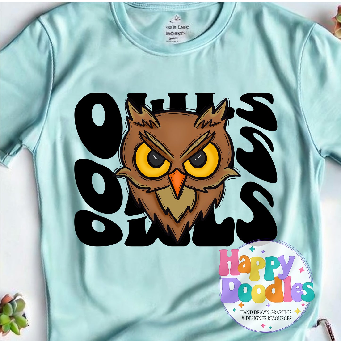 Wavy Retro Owls Mascot DIY Printable T‑Shirt Design - Happy Doodles Designs