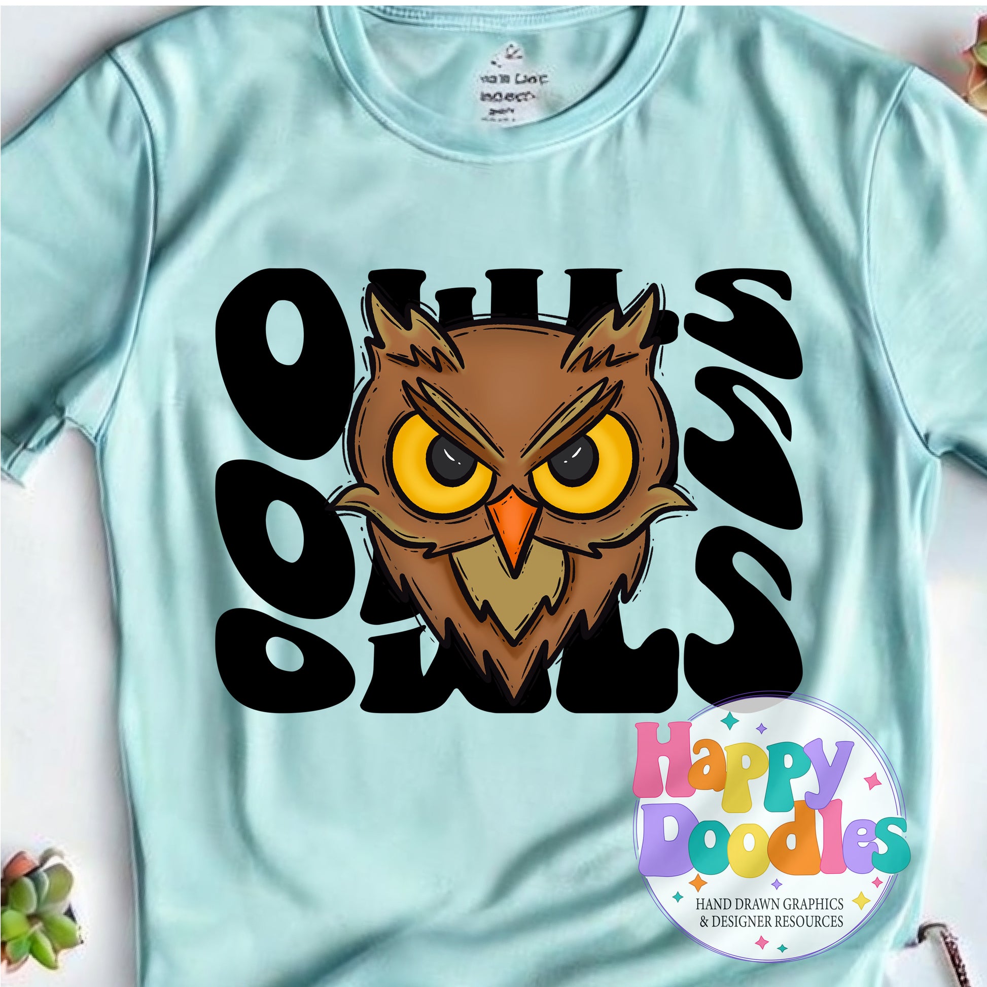Wavy Retro Owls Mascot DIY Printable T‑Shirt Design - Happy Doodles Designs