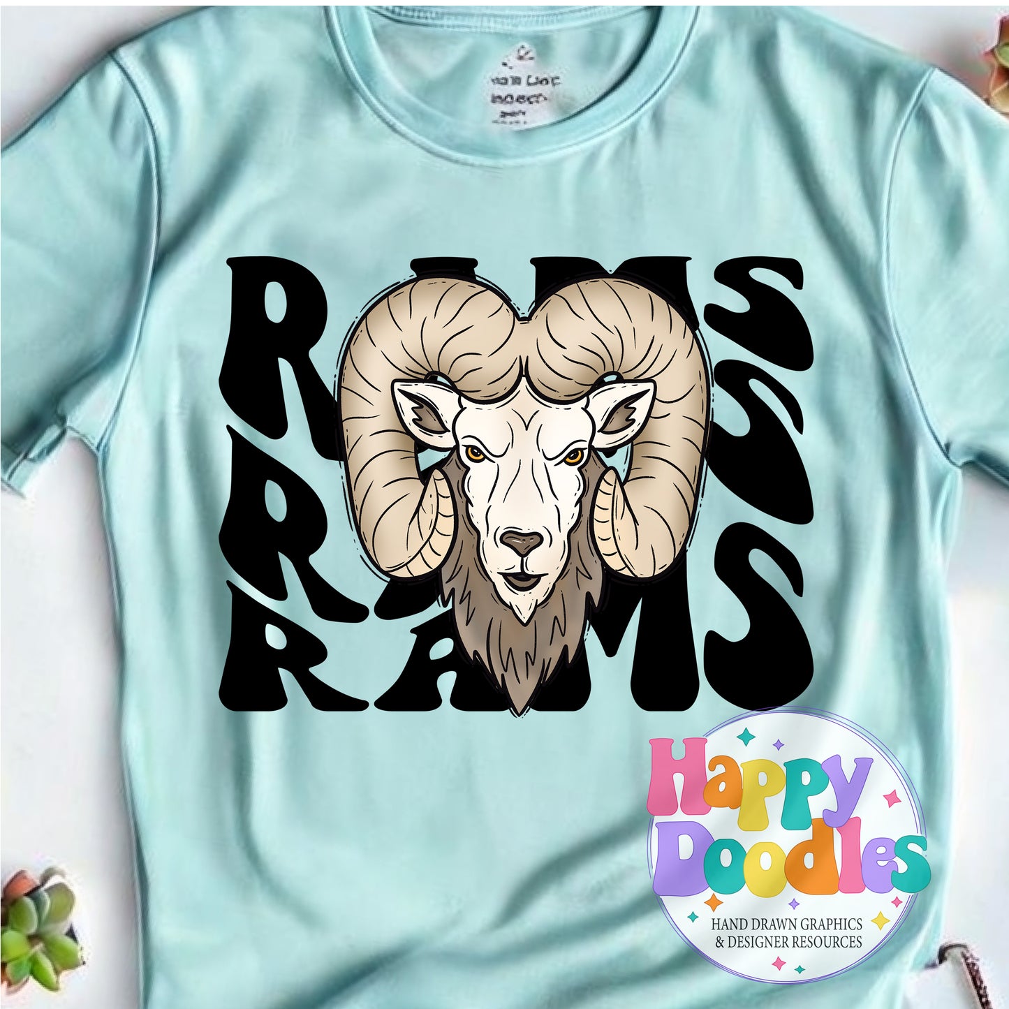 Wavy Retro Rams Mascot Printable PNG for Sublimation & Crafts - Happy Doodles Designs