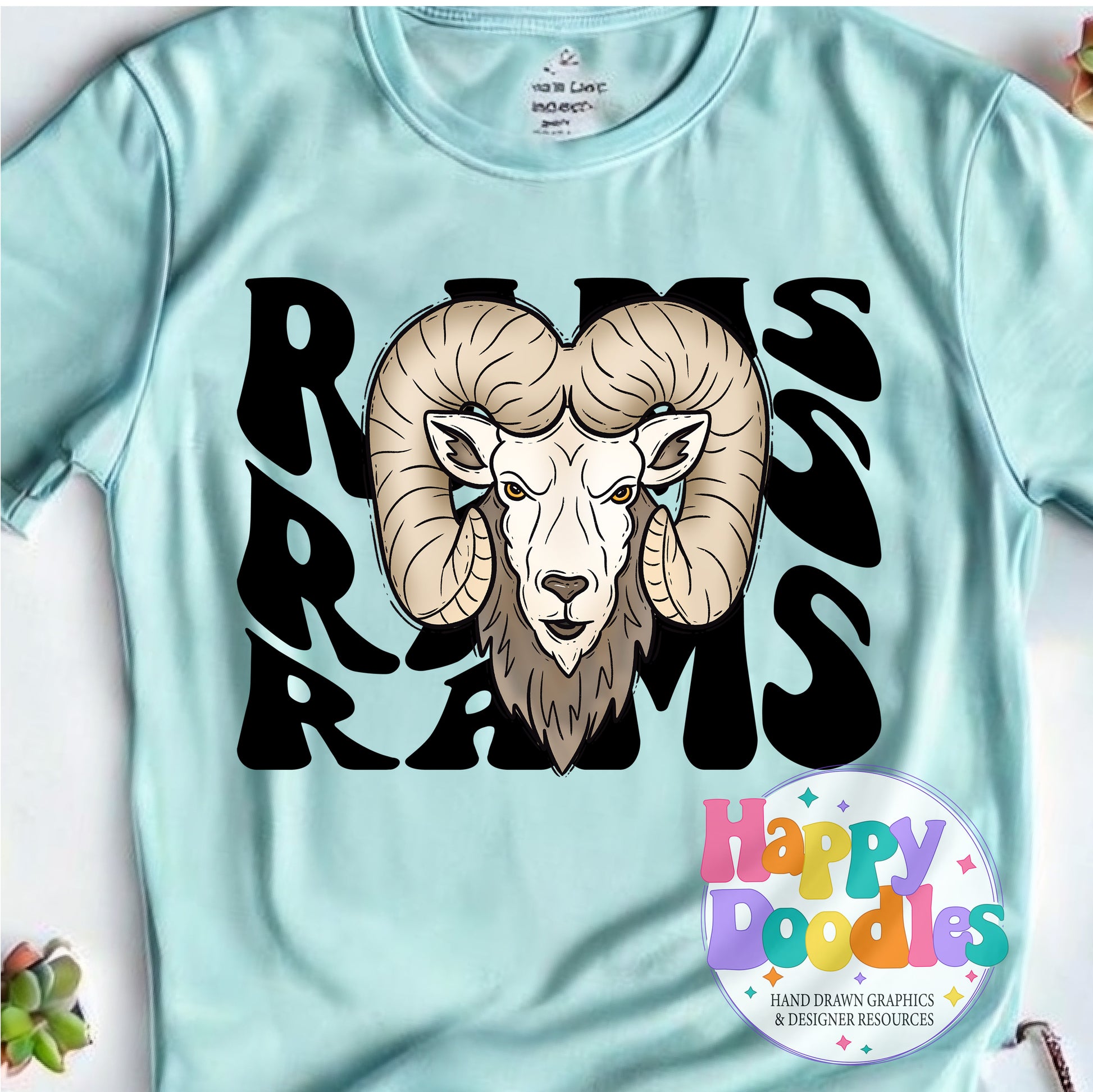 Wavy Retro Rams Mascot Printable PNG for Sublimation & Crafts - Happy Doodles Designs