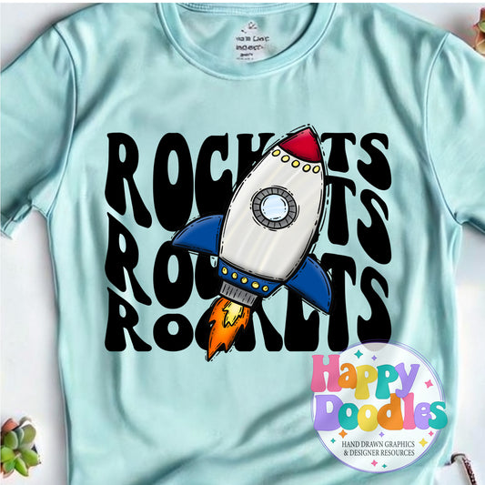 Wavy Retro Rockets Mascot Printable PNG T‑Shirt Design - Happy Doodles Designs