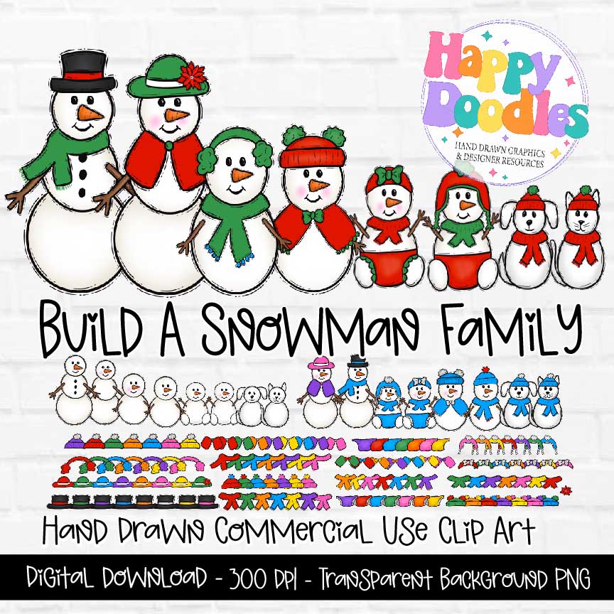 Snowman Family - Hand Drawn Commercial Use Clipart Graphics