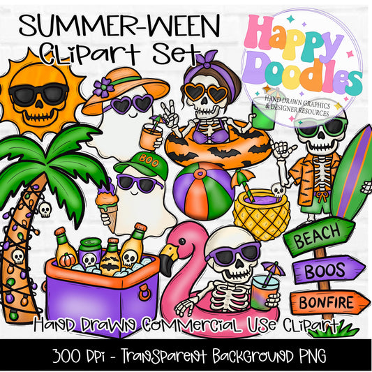 SummerWeen Clipart Set | Printable PNG Summer Halloween Illustrations - Happy Doodles Designs
