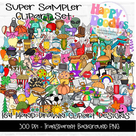 Super Sampler Clipart Set | 164 Printable PNG Illustrations - Happy Doodles Designs