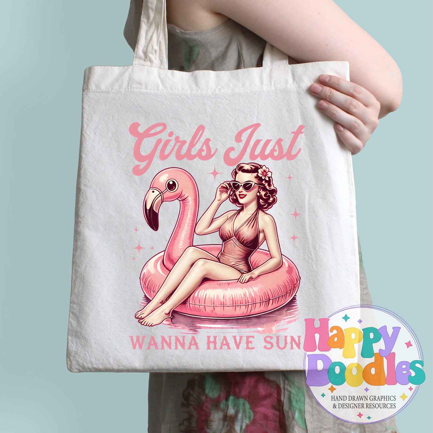 Girls Just Wanna Have Sun Flamingo Float DIY Printable T-Shirt Design - Happy Doodles Designs