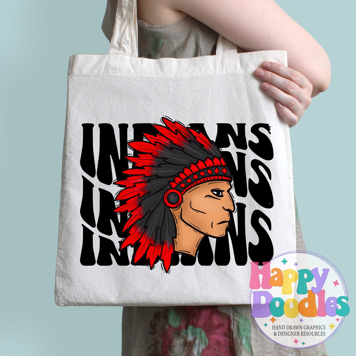 Wavy Retro Indians Mascot Printable PNG - Happy Doodles Designs