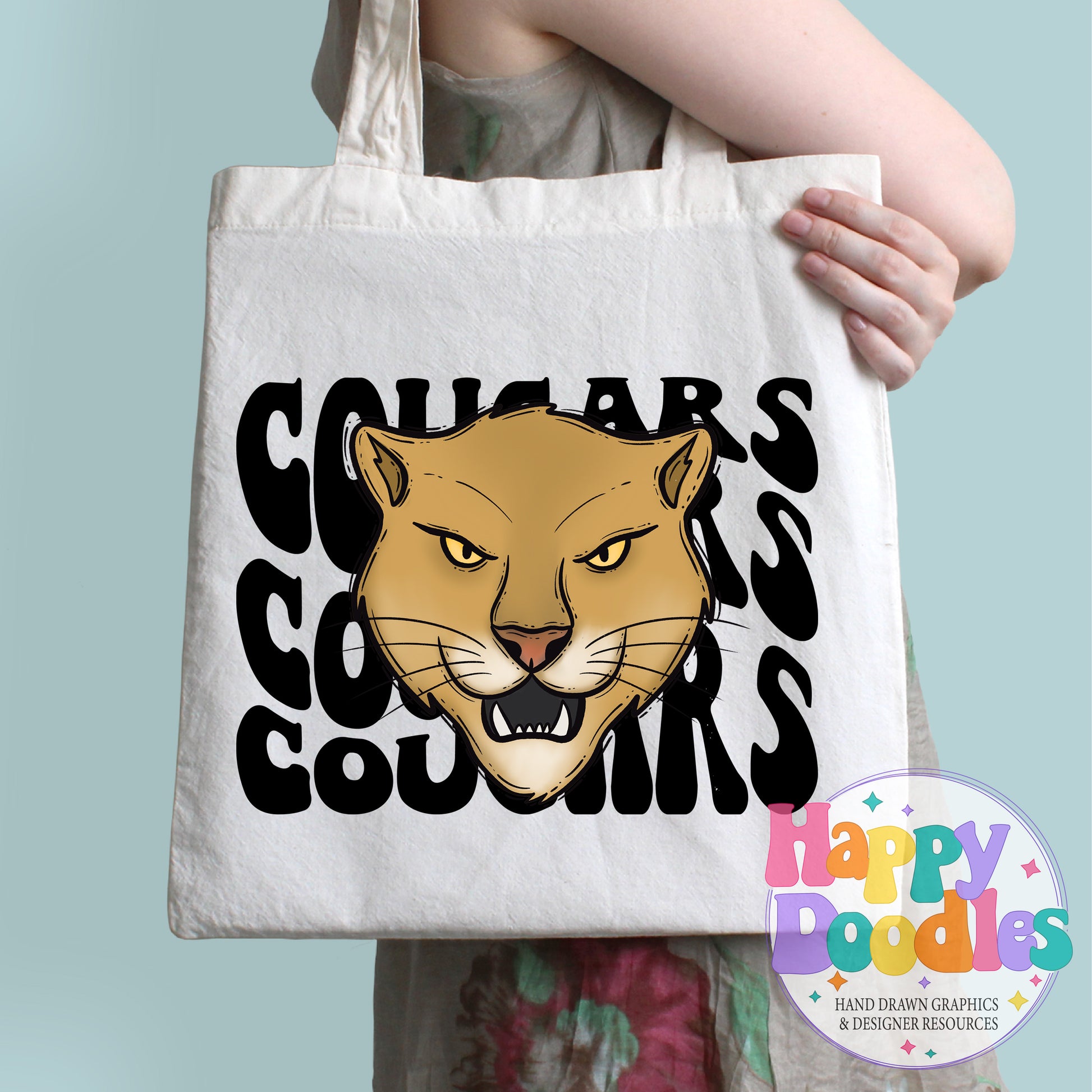 Wavy Retro Cougars Mascot Printable PNG for Sublimation & Crafts - Happy Doodles Designs