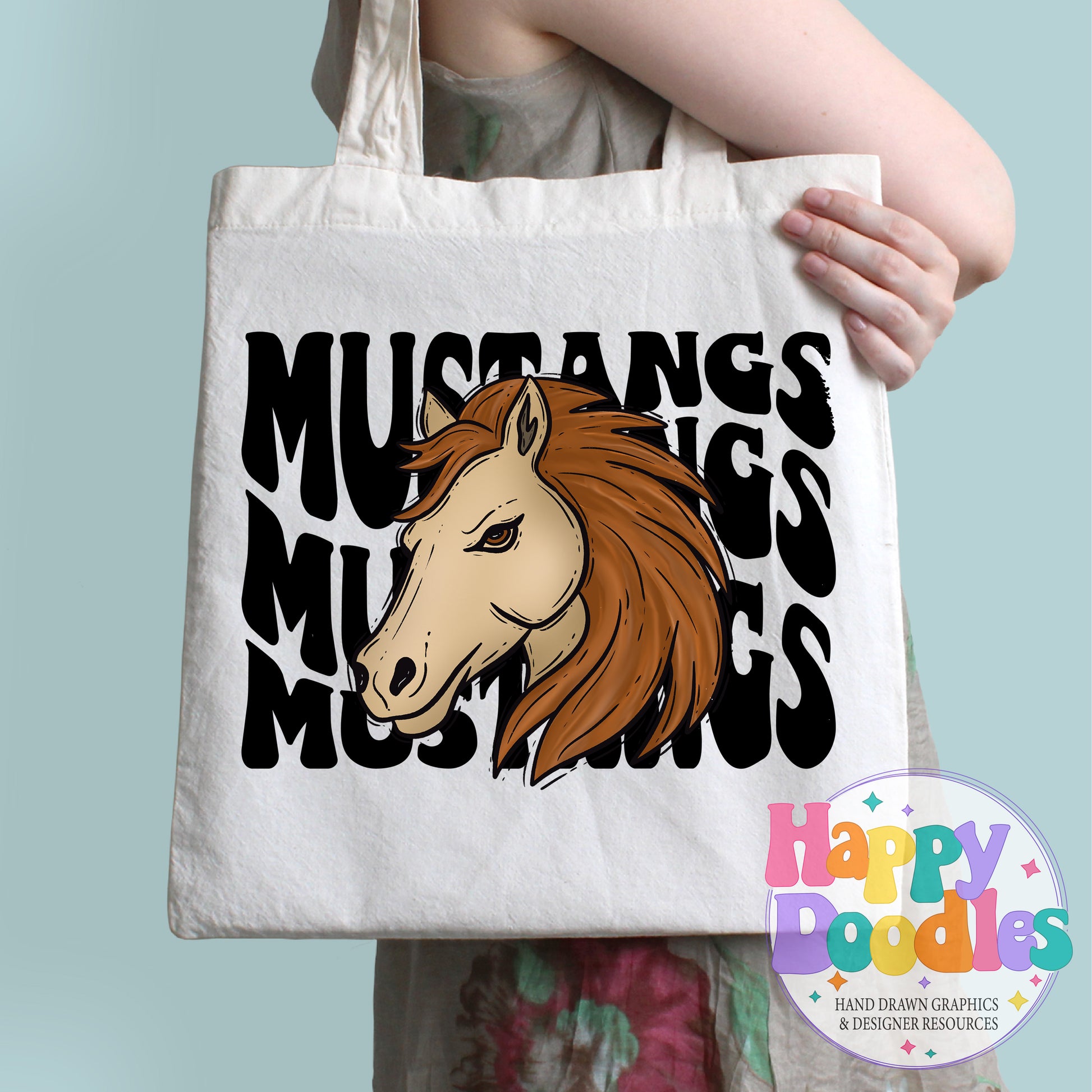 Wavy Retro Mustangs Mascot Printable PNG T‑Shirt Design - Happy Doodles Designs