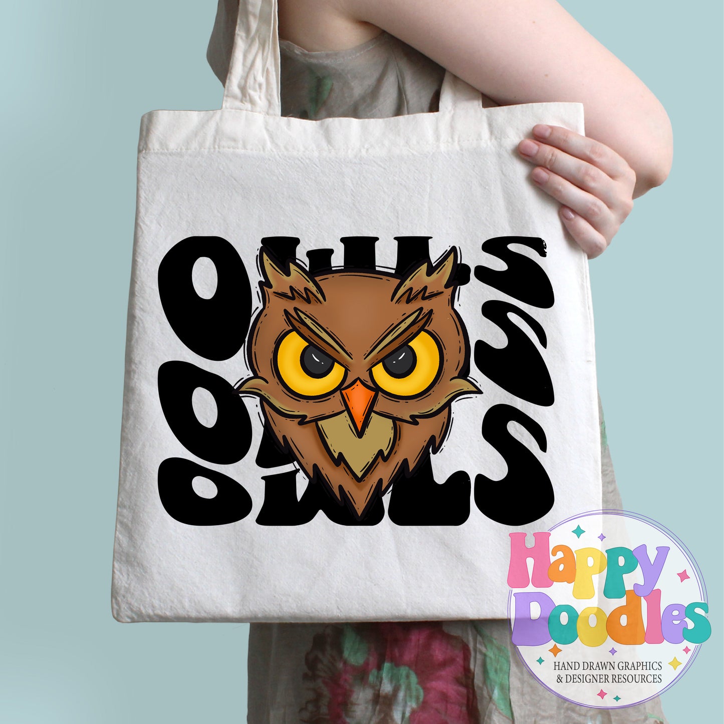 Wavy Retro Owls Mascot DIY Printable T‑Shirt Design - Happy Doodles Designs