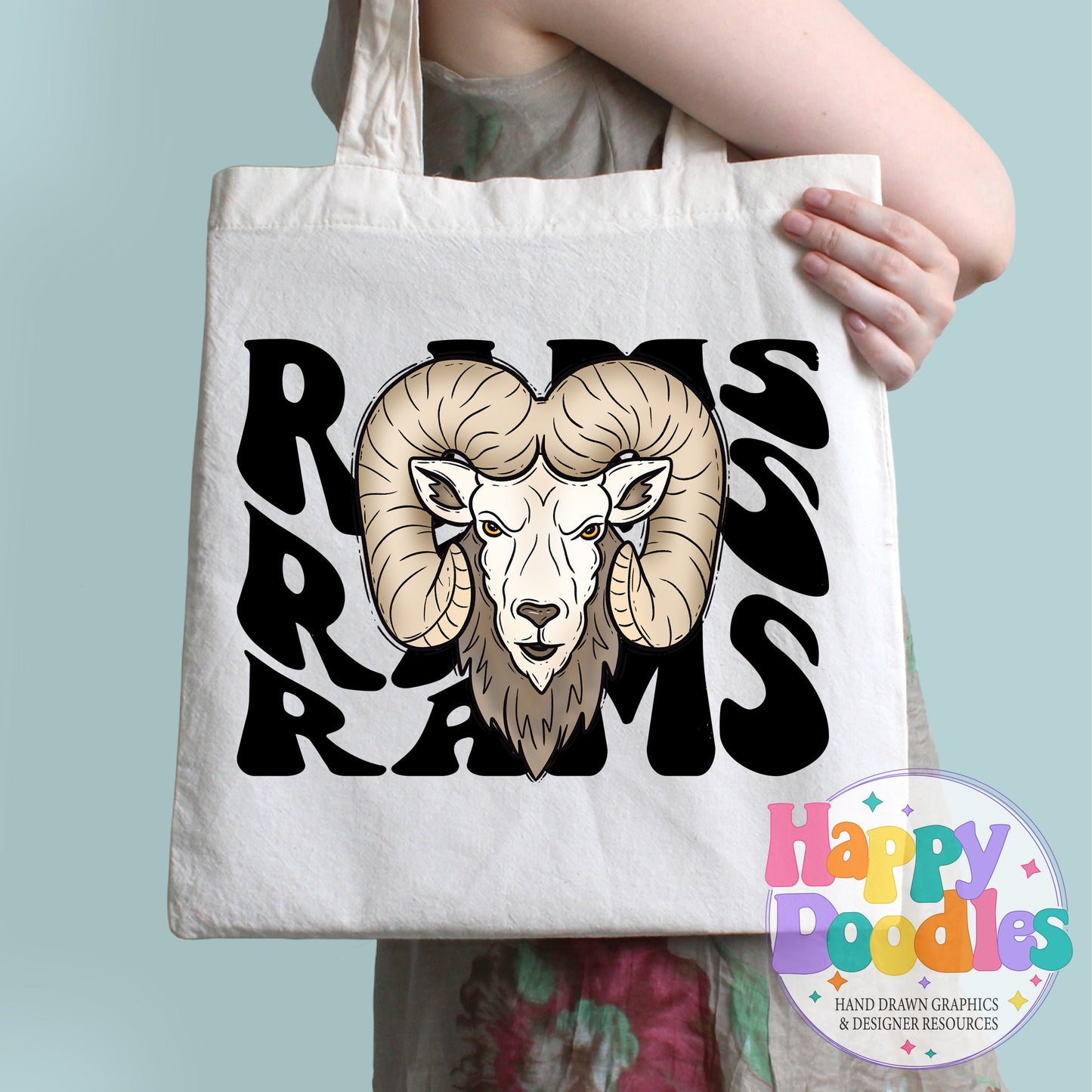 Wavy Retro Rams Mascot Printable PNG for Sublimation & Crafts - Happy Doodles Designs