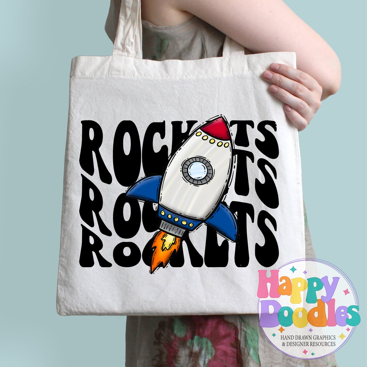 Wavy Retro Rockets Mascot Printable PNG T‑Shirt Design - Happy Doodles Designs