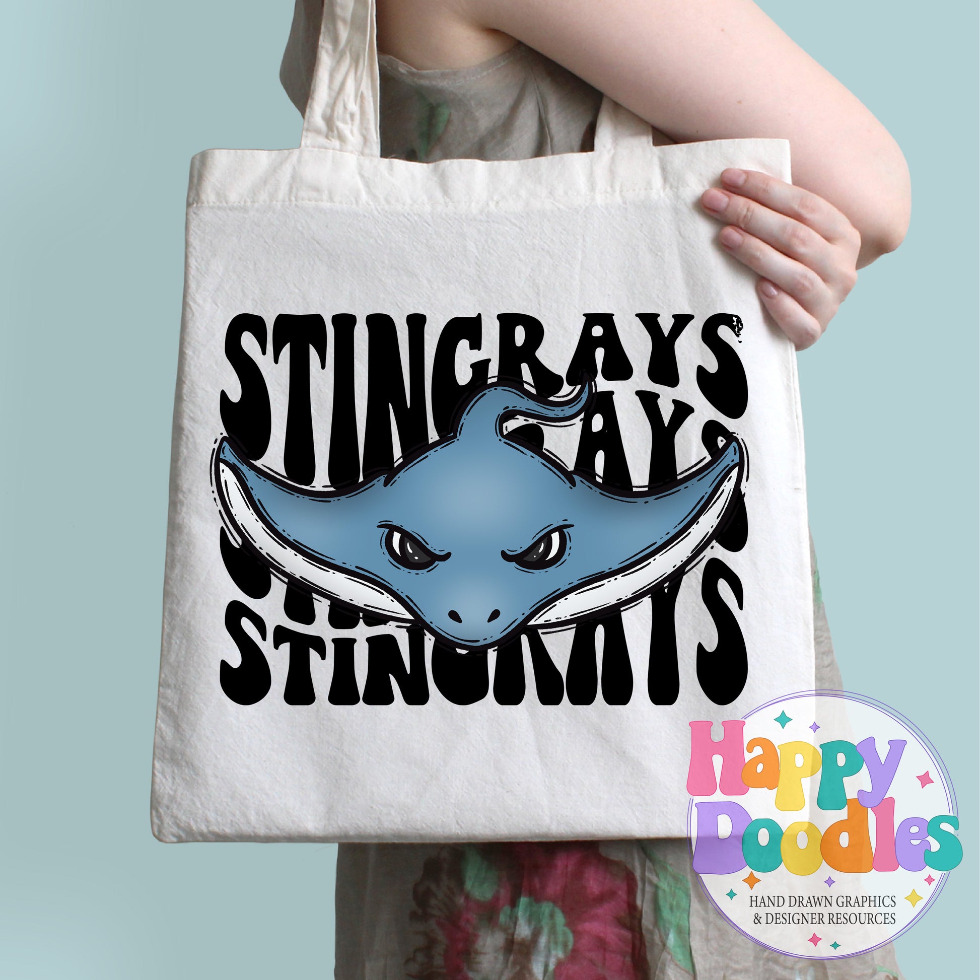 Wavy Retro Stingrays Mascot Printable PNG T‑Shirt Design - Happy Doodles Designs