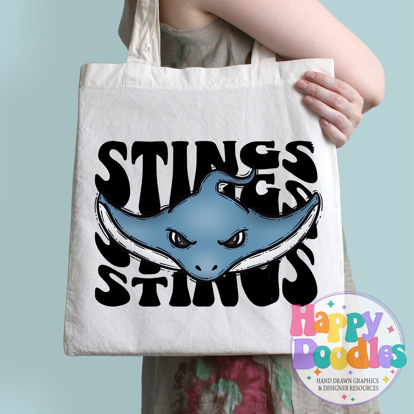 Wavy Retro Stings Mascot Printable PNG T‑Shirt Design - Happy Doodles Designs