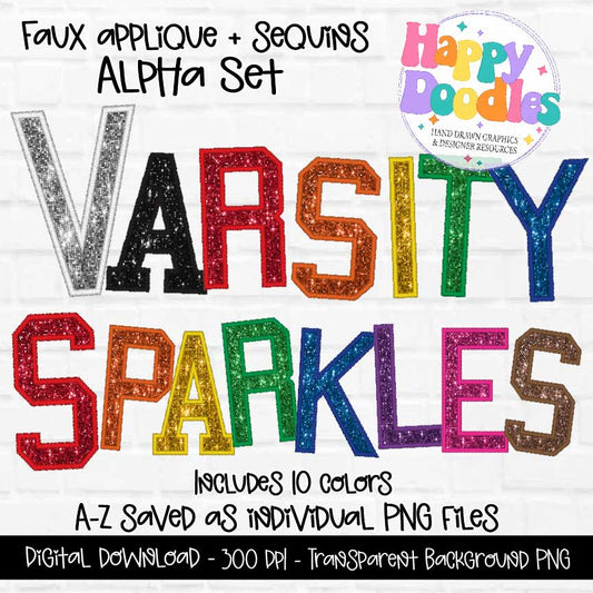 Varsity Sparkles, Faux Embroidery Sequin Letters - Hand Drawn Commercial Use Clipart Graphics