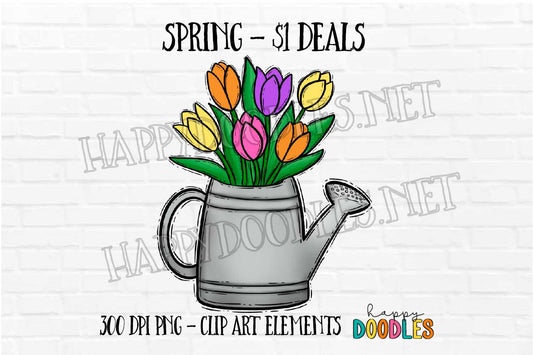 Watering Can With Flowers -  Spring $1 Deal - Hand Drawn Commercial Use Clipart Graphics