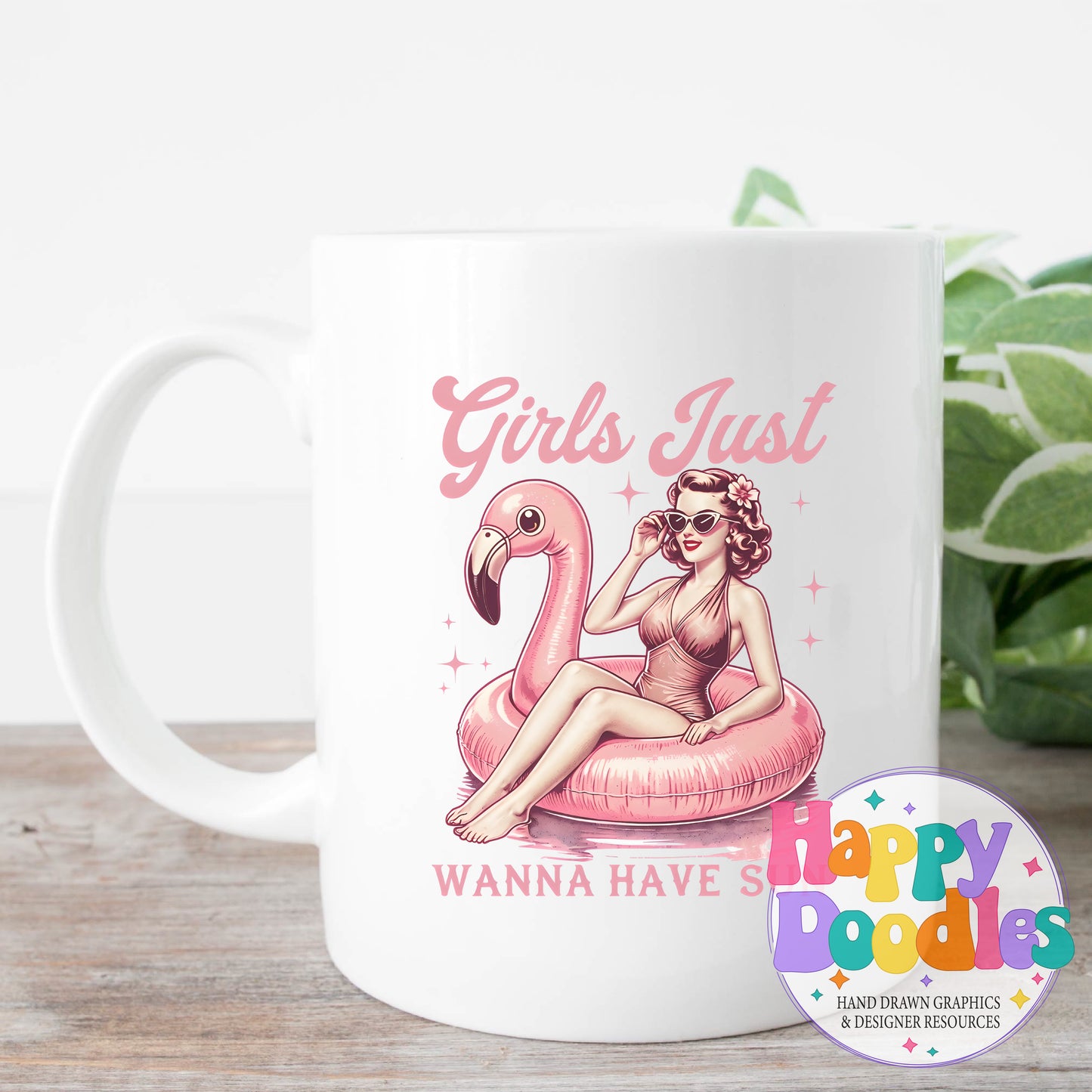 Girls Just Wanna Have Sun Flamingo Float DIY Printable T-Shirt Design - Happy Doodles Designs
