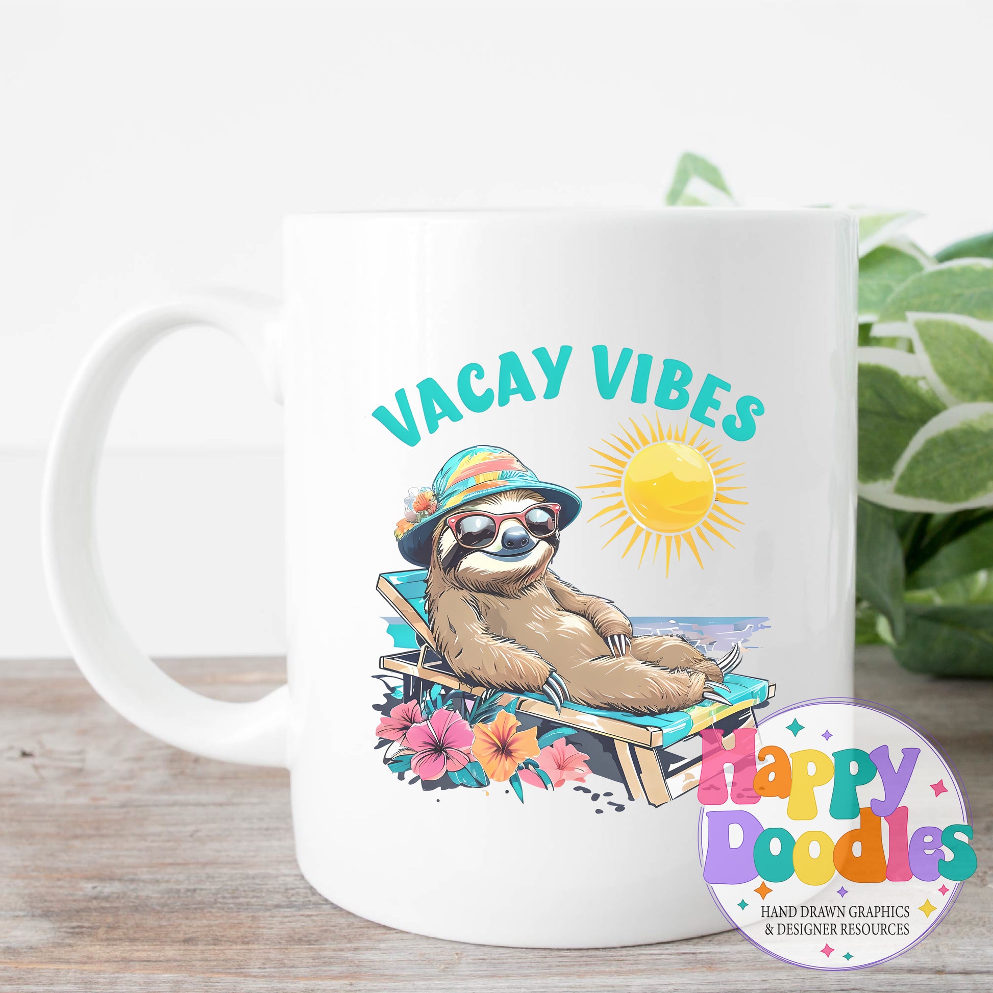 Vacay Vibes Sloth High Resolution Printable PNG - Happy Doodles Designs