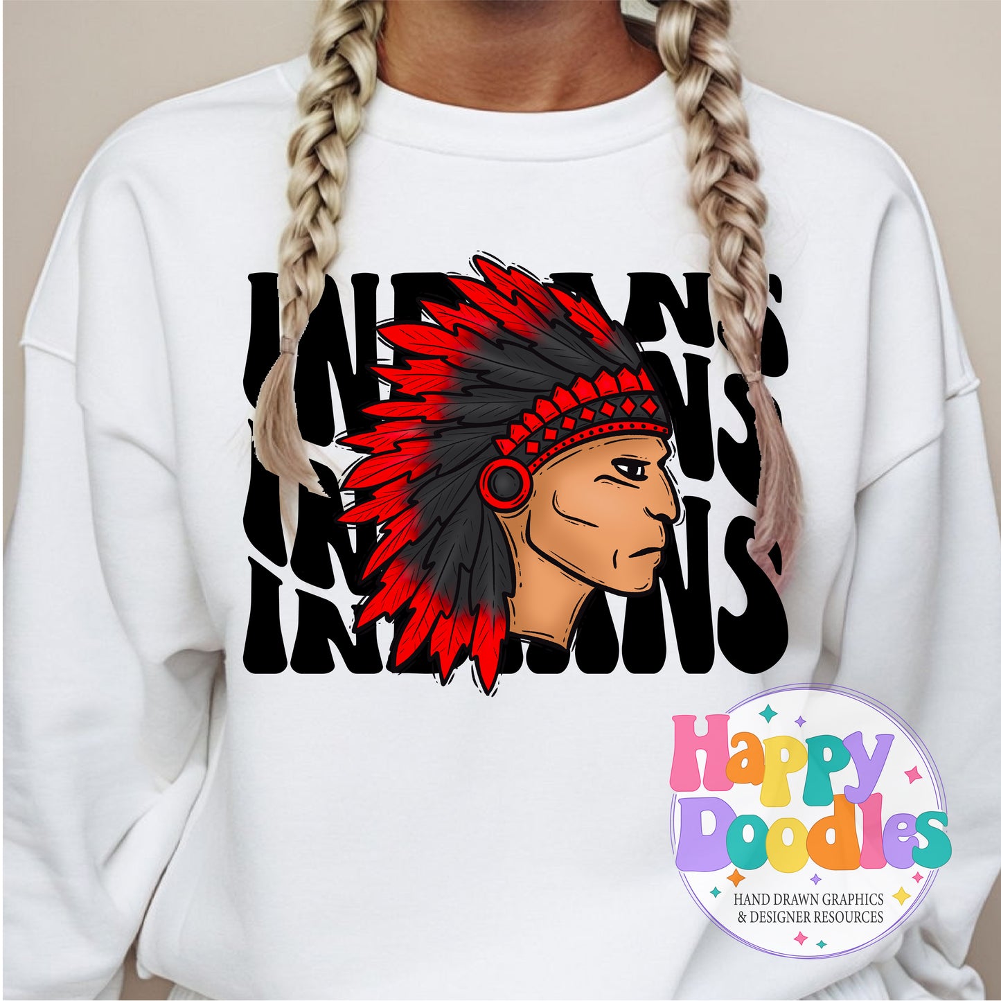 Wavy Retro Indians Mascot Printable PNG - Happy Doodles Designs