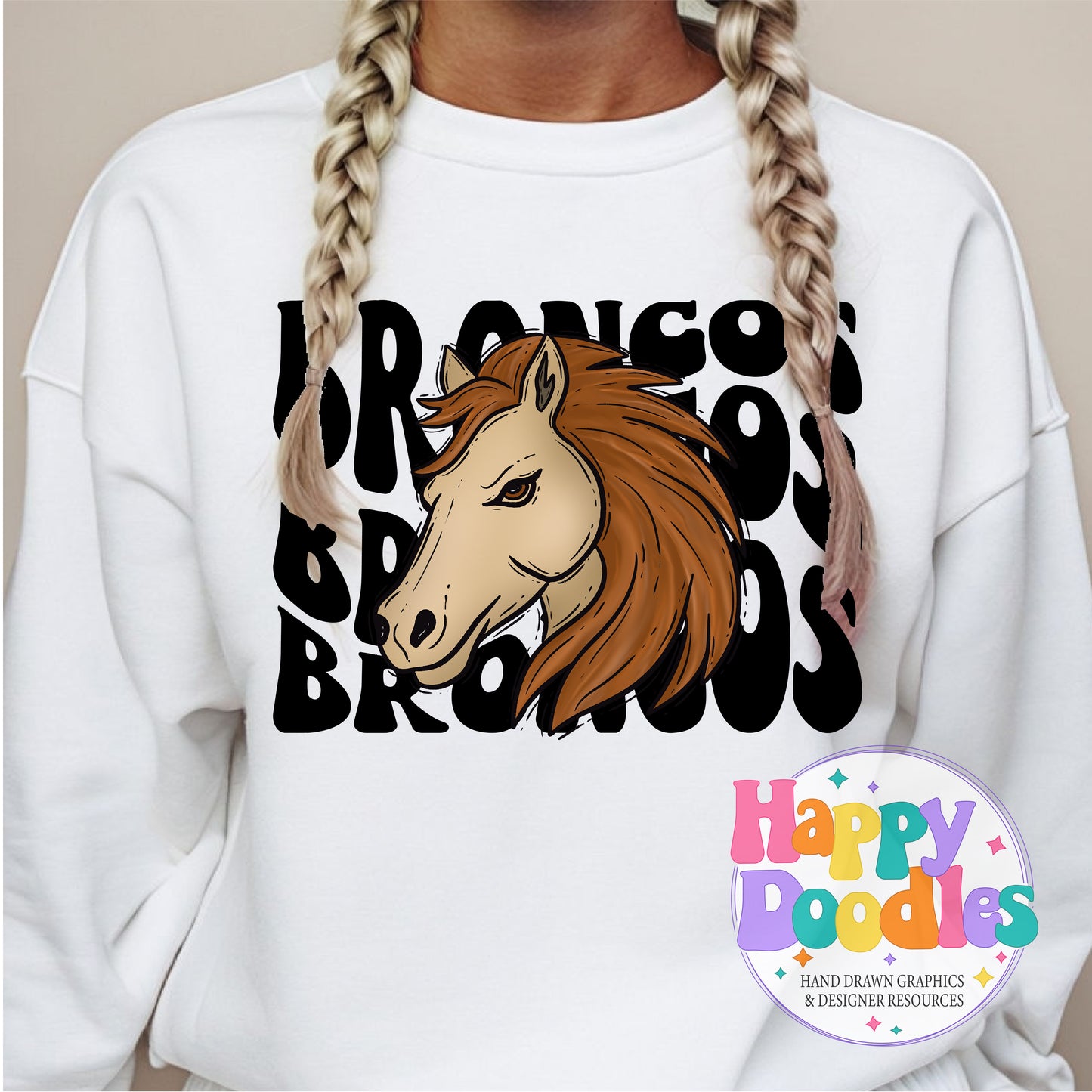 Wavy Retro Broncos Mascot Printable PNG - Happy Doodles Designs