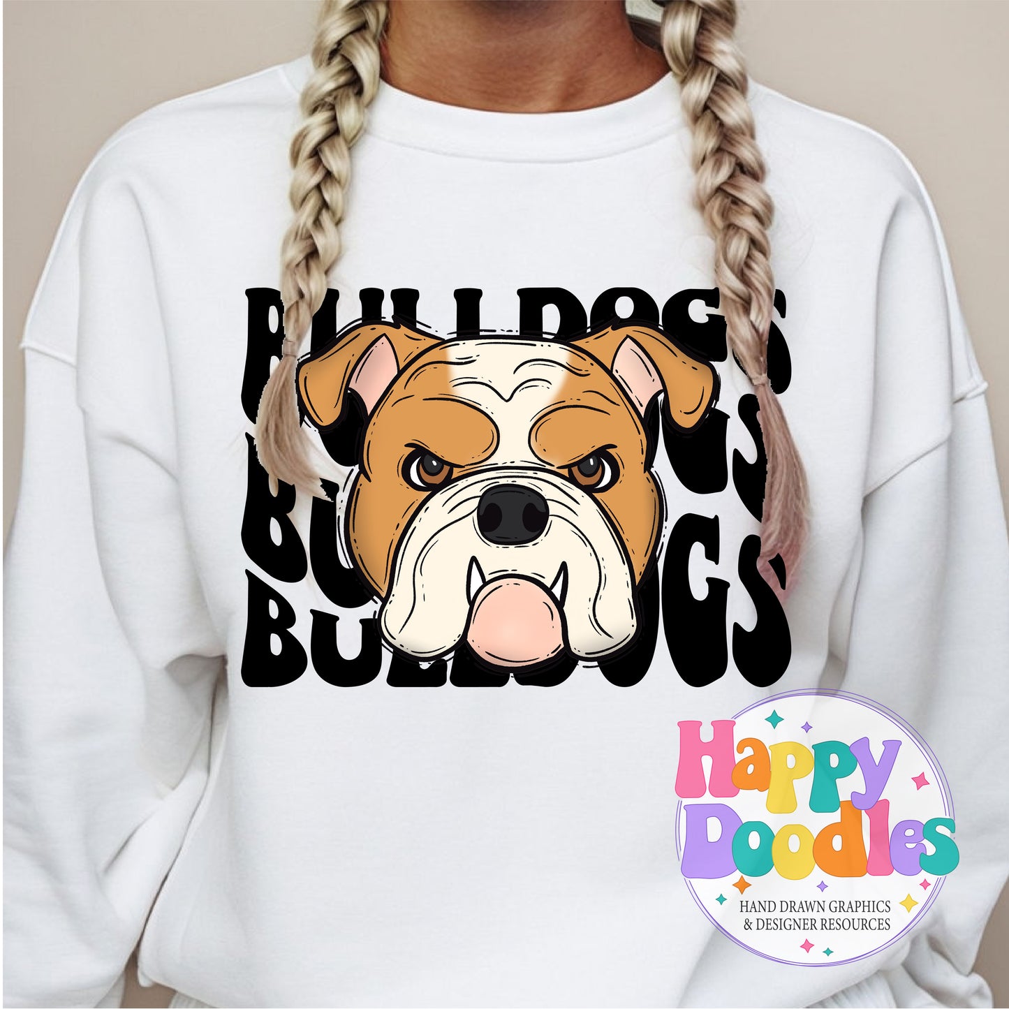 Wavy Retro Bulldogs Mascot DIY Printable T‑Shirt Design - Happy Doodles Designs