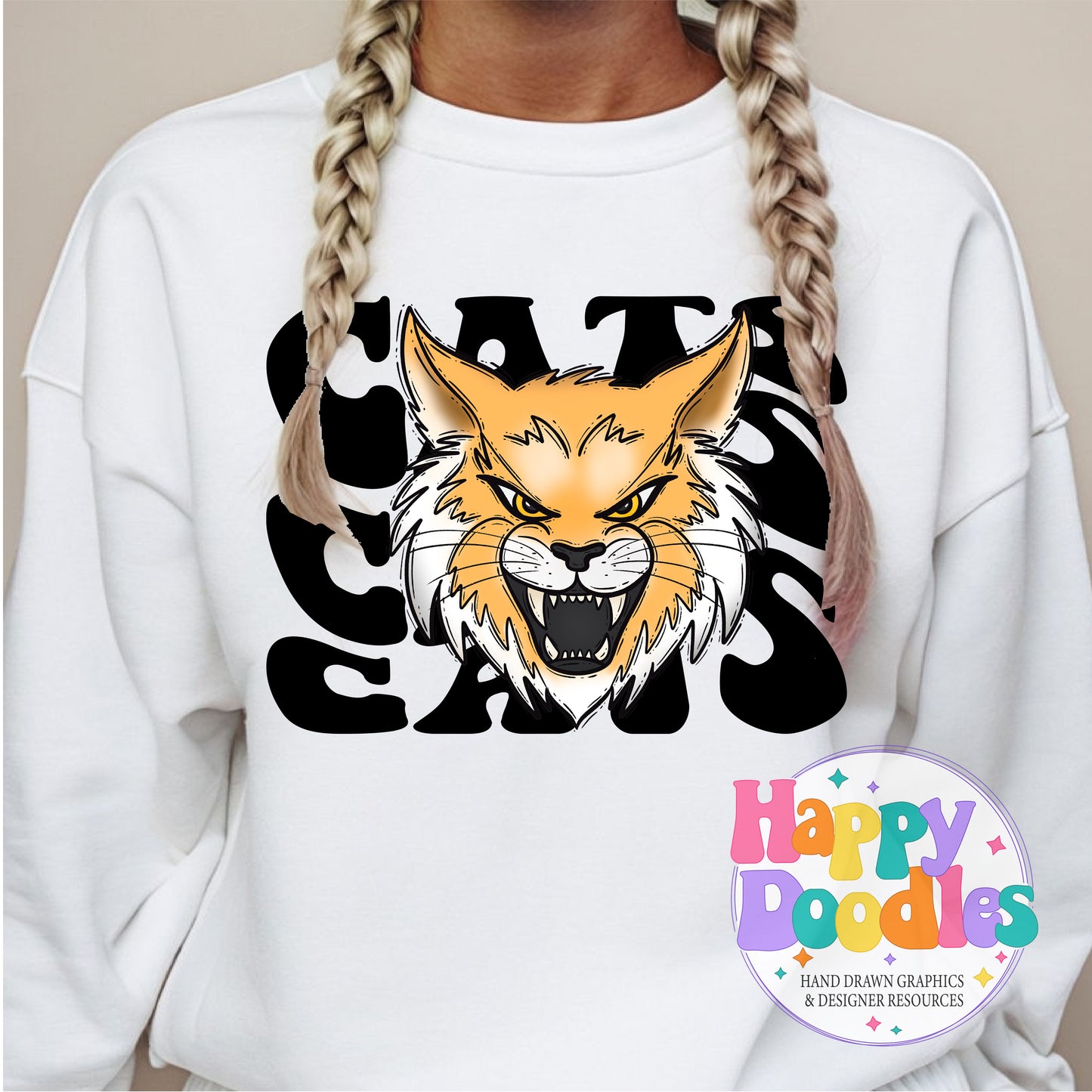 Wavy Retro Cats Mascot T‑Shirt Printable PNG Download - Happy Doodles Designs