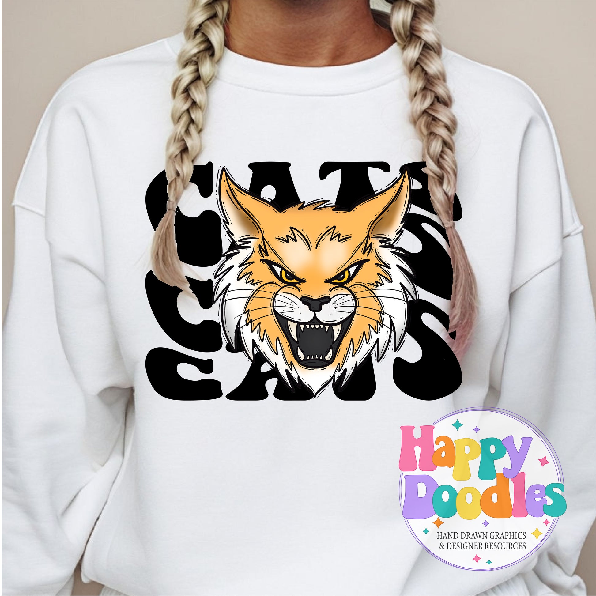 Wavy Retro Cats Mascot T‑Shirt Printable PNG Download - Happy Doodles Designs