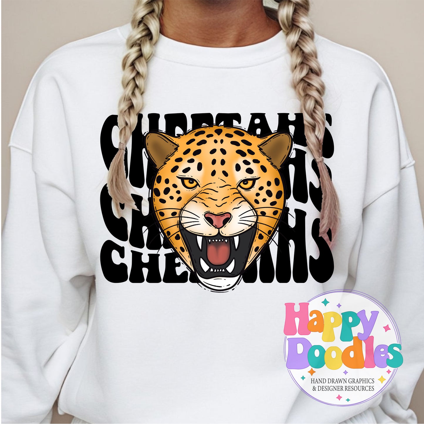 Wavy Retro Cheetahs Mascot High Resolution Printable PNG - Happy Doodles Designs