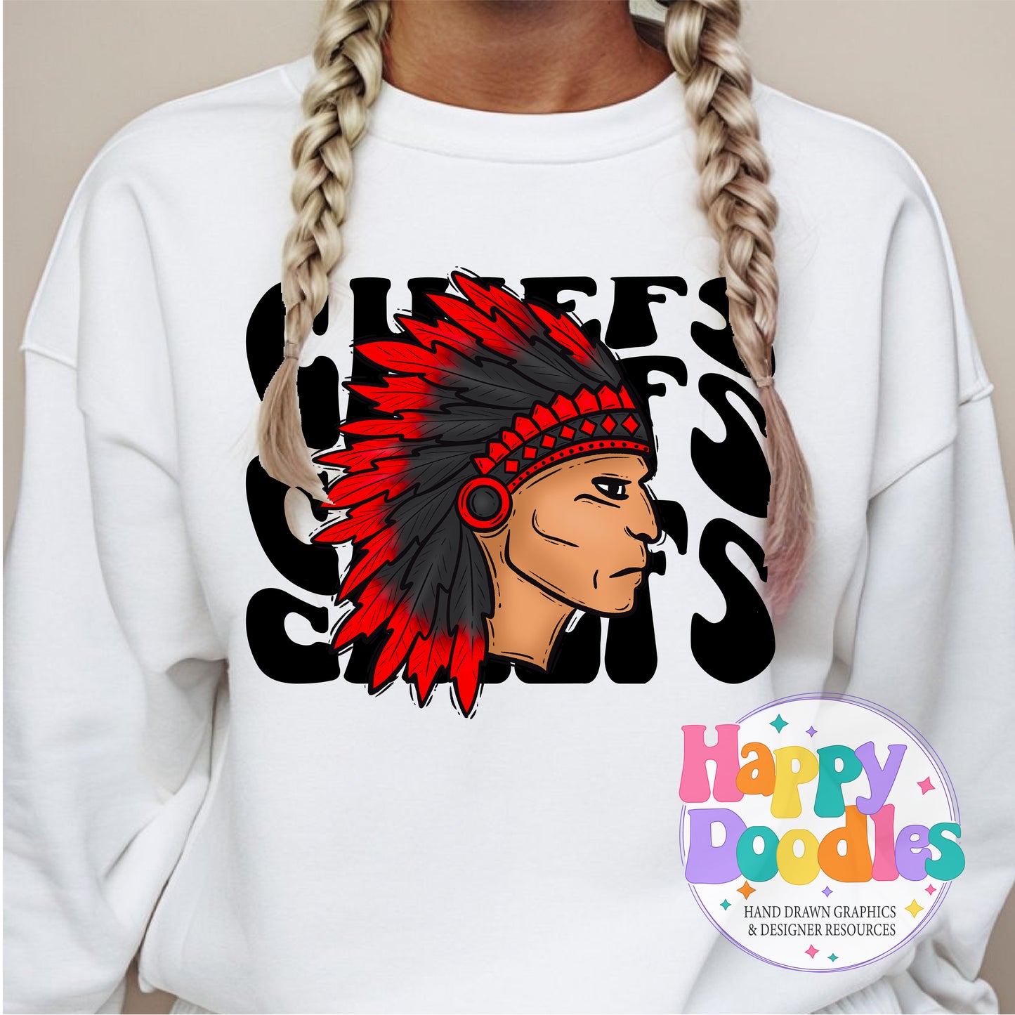 Wavy Retro Chiefs Mascot Printable PNG T‑Shirt Design - Happy Doodles Designs