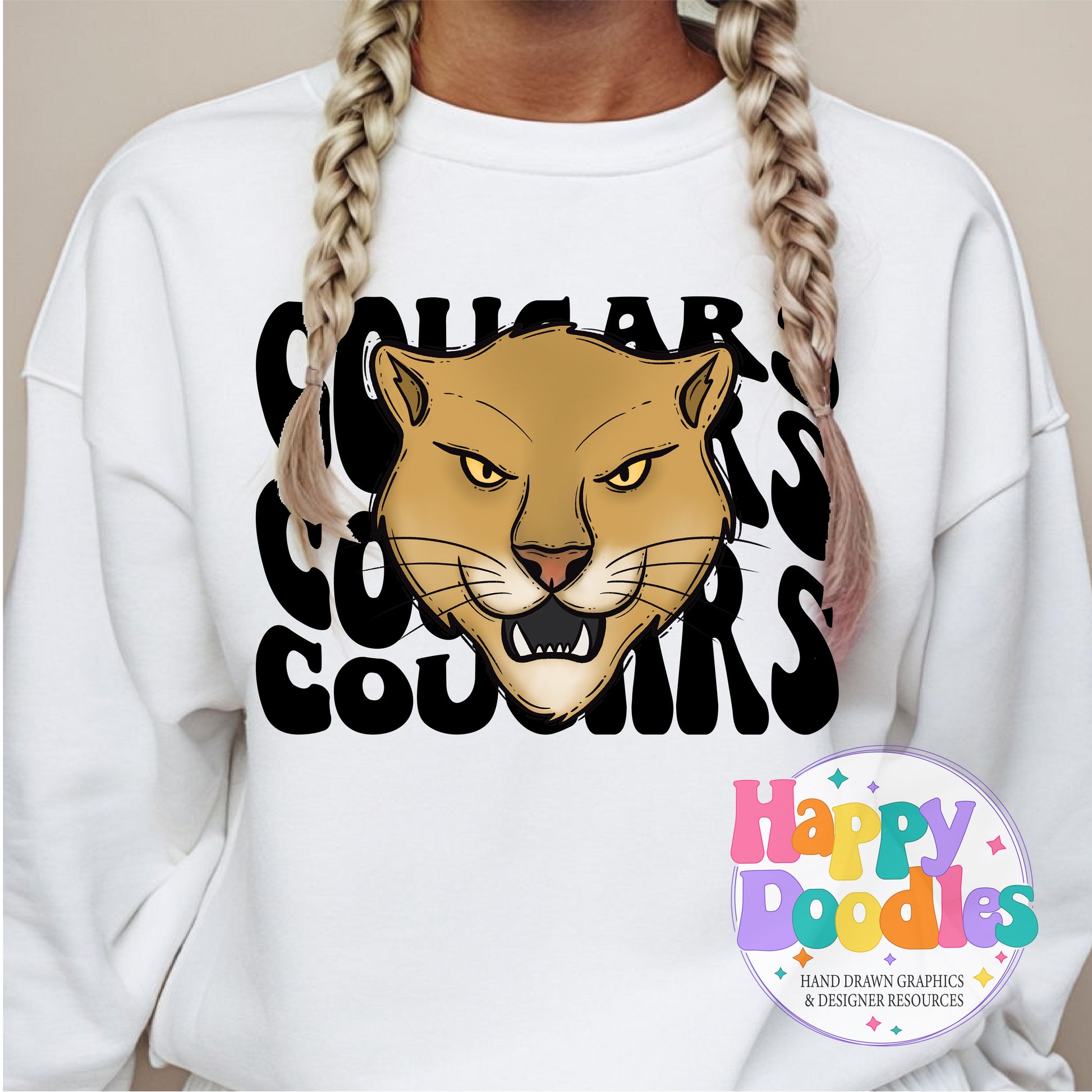 Wavy Retro Cougars Mascot Printable PNG for Sublimation & Crafts - Happy Doodles Designs