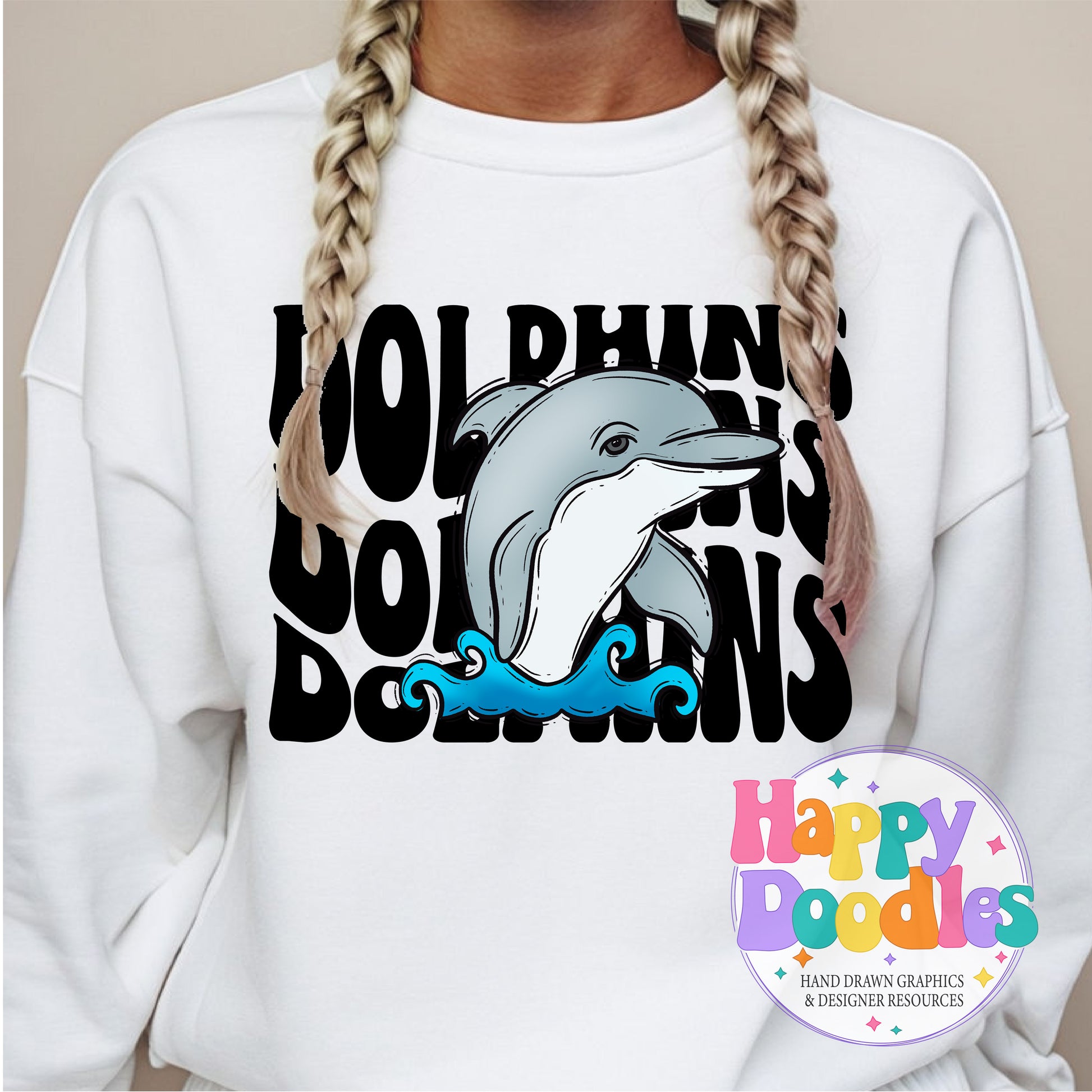 Wavy Retro Dolphins Mascot T‑Shirt Printable PNG Download - Happy Doodles Designs