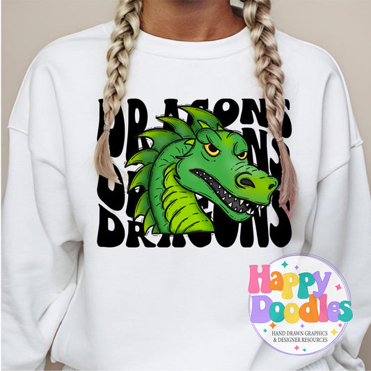 Wavy Retro Dragons Mascot Printable PNG - Happy Doodles Designs