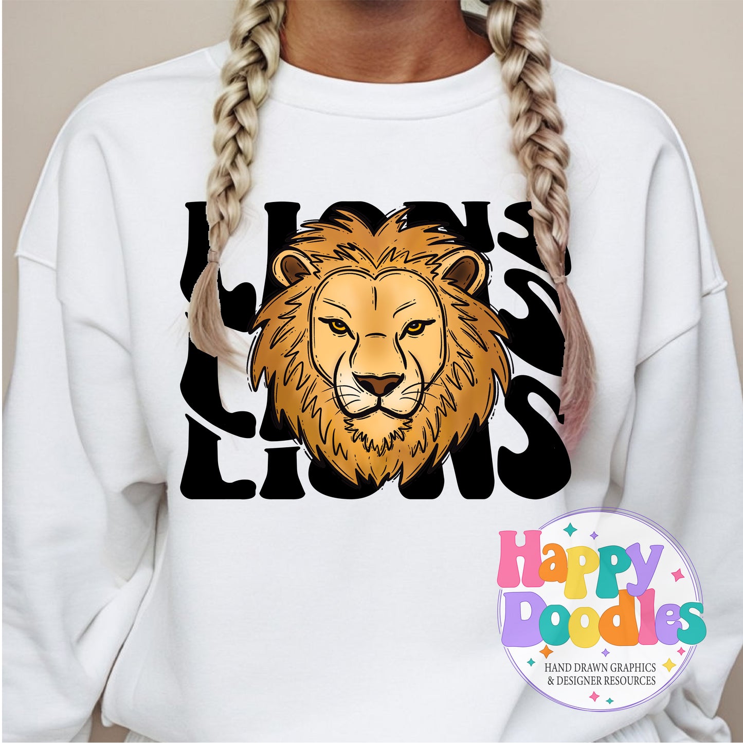 Wavy Retro Lions Mascot DIY Printable T‑Shirt Design - Happy Doodles Designs