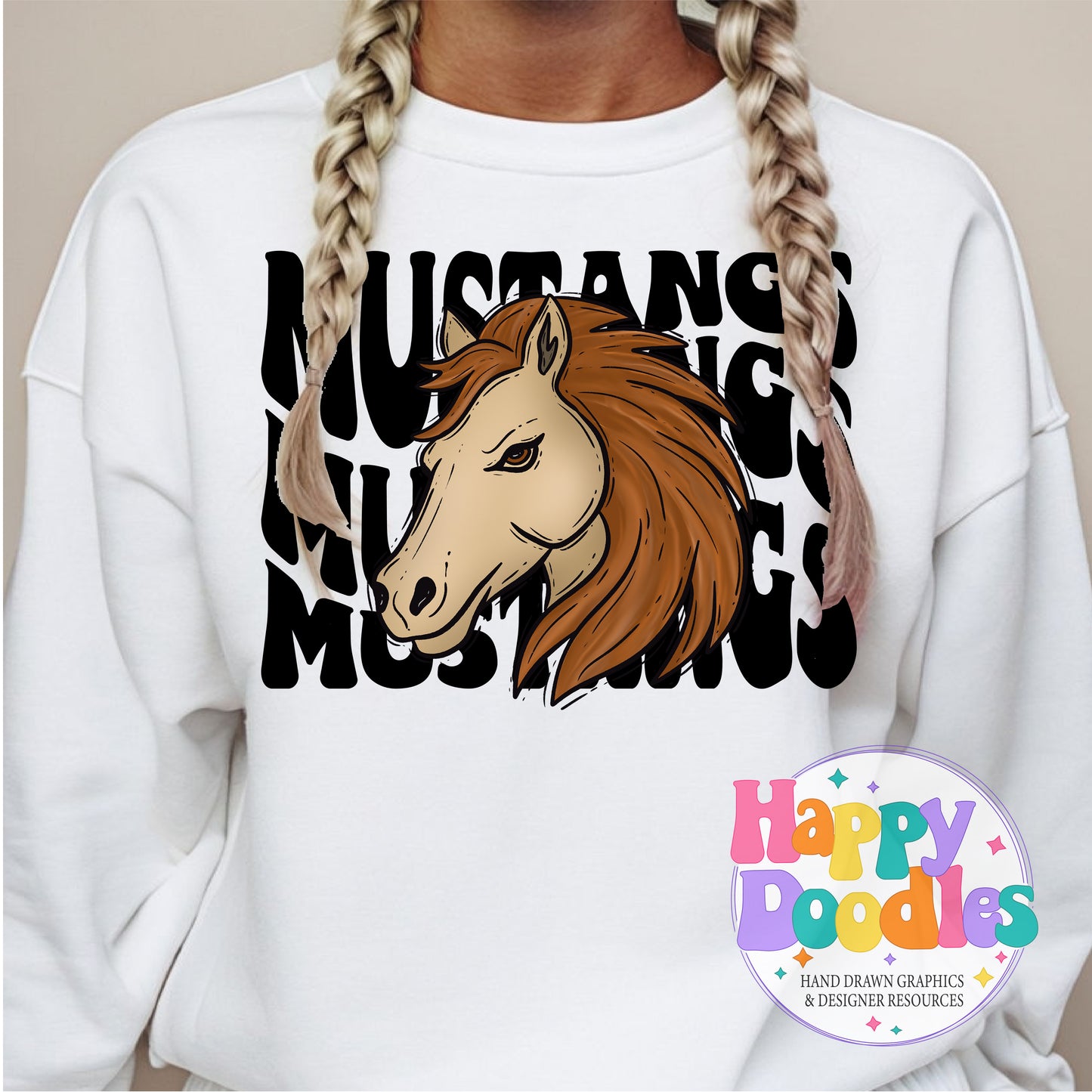 Wavy Retro Mustangs Mascot Printable PNG T‑Shirt Design - Happy Doodles Designs