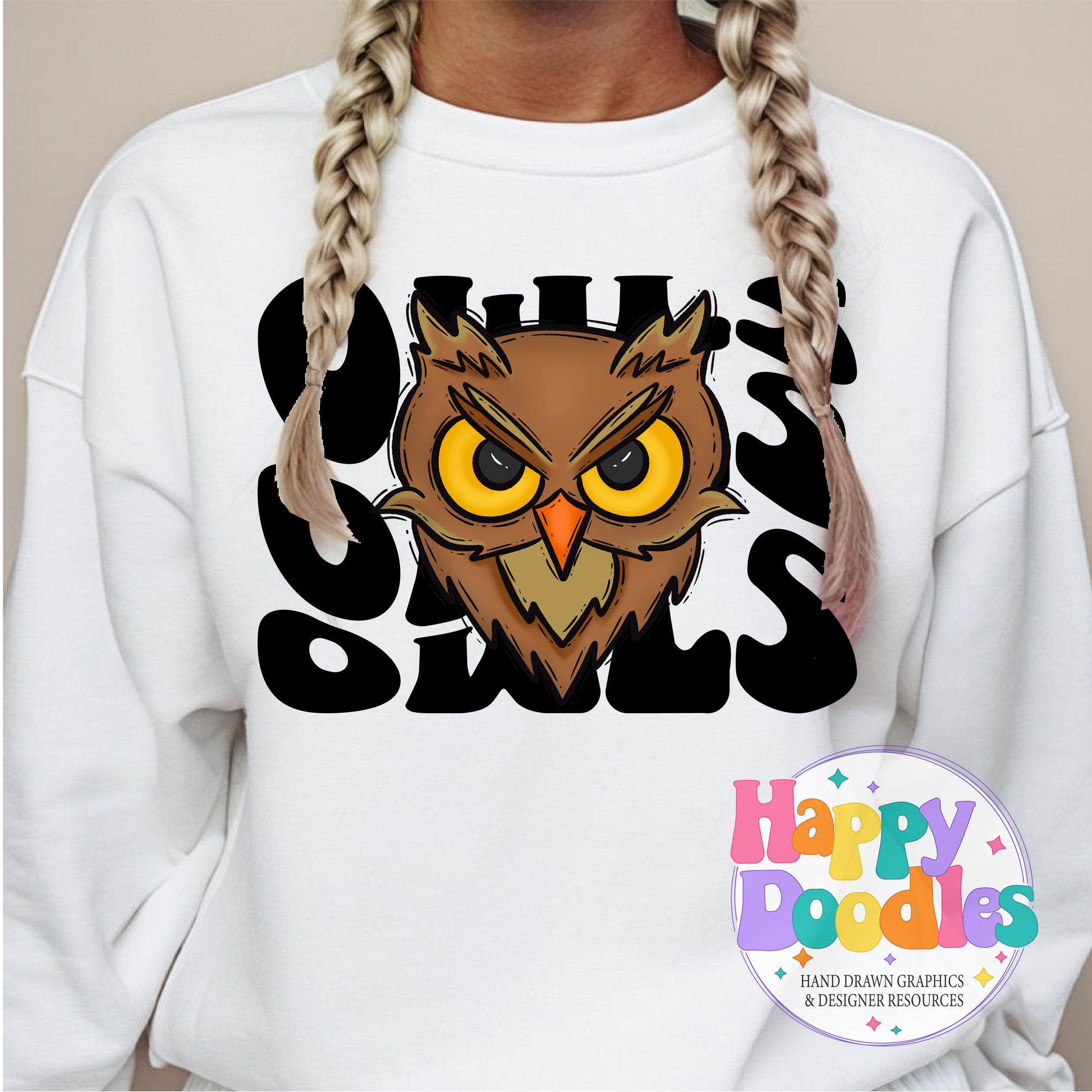Wavy Retro Owls Mascot DIY Printable T‑Shirt Design - Happy Doodles Designs