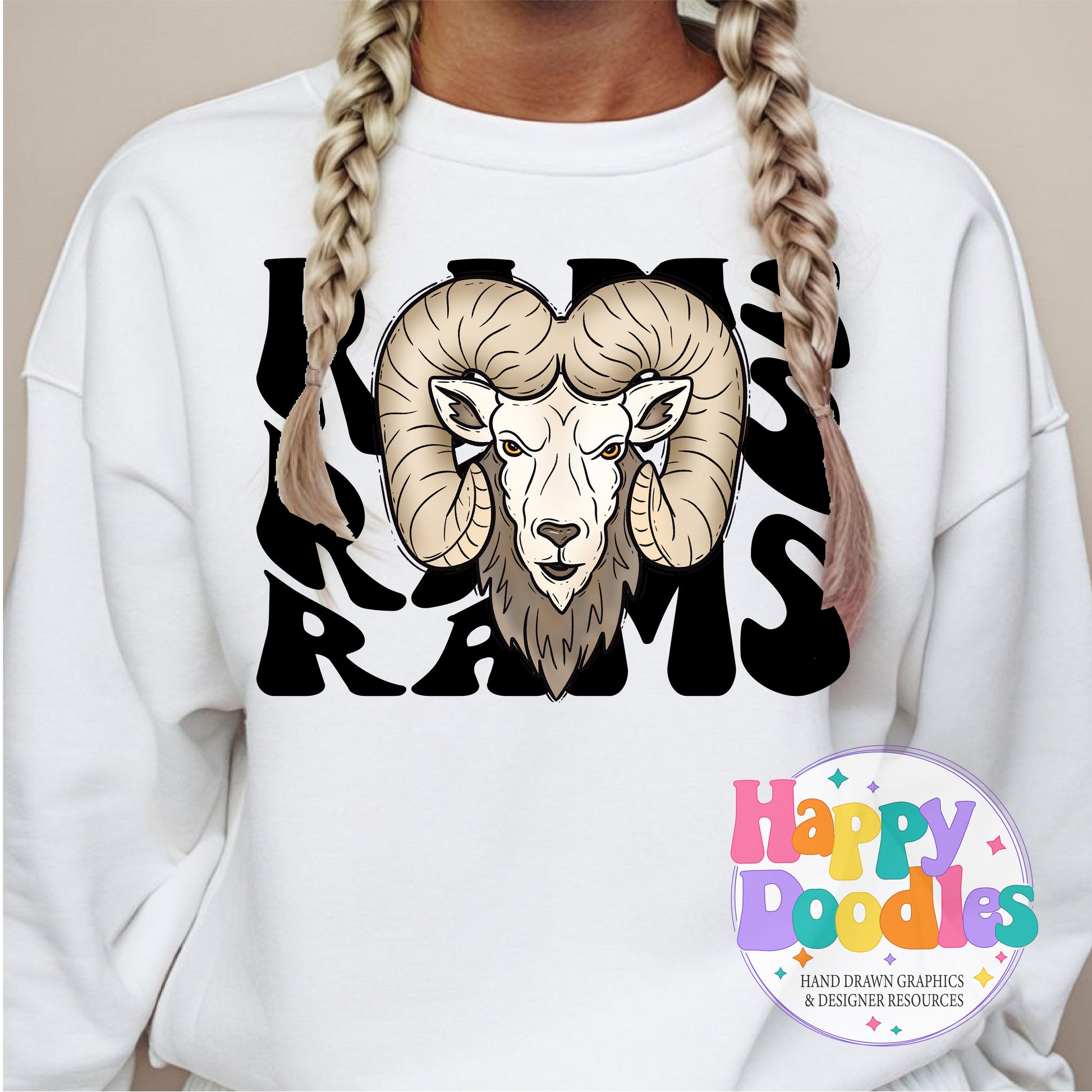 Wavy Retro Rams Mascot Printable PNG for Sublimation & Crafts - Happy Doodles Designs