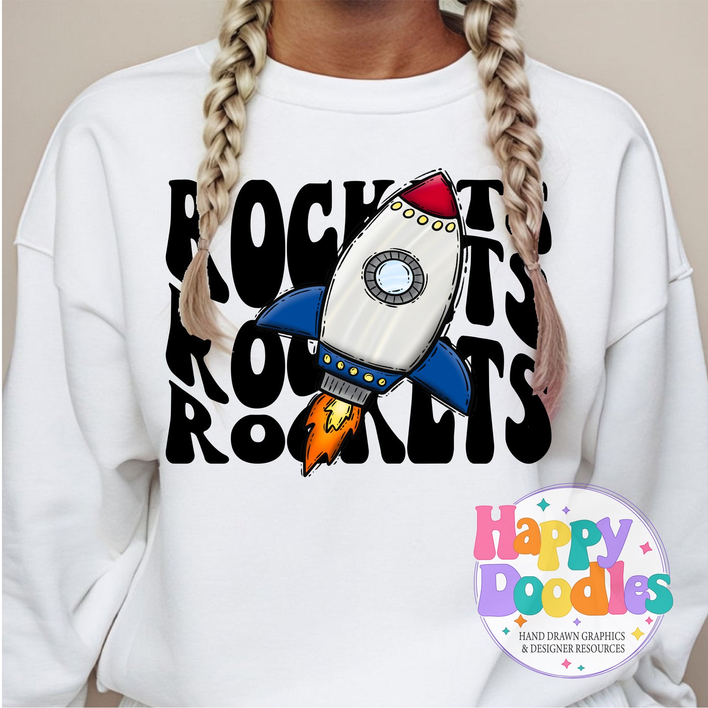 Wavy Retro Rockets Mascot Printable PNG T‑Shirt Design - Happy Doodles Designs