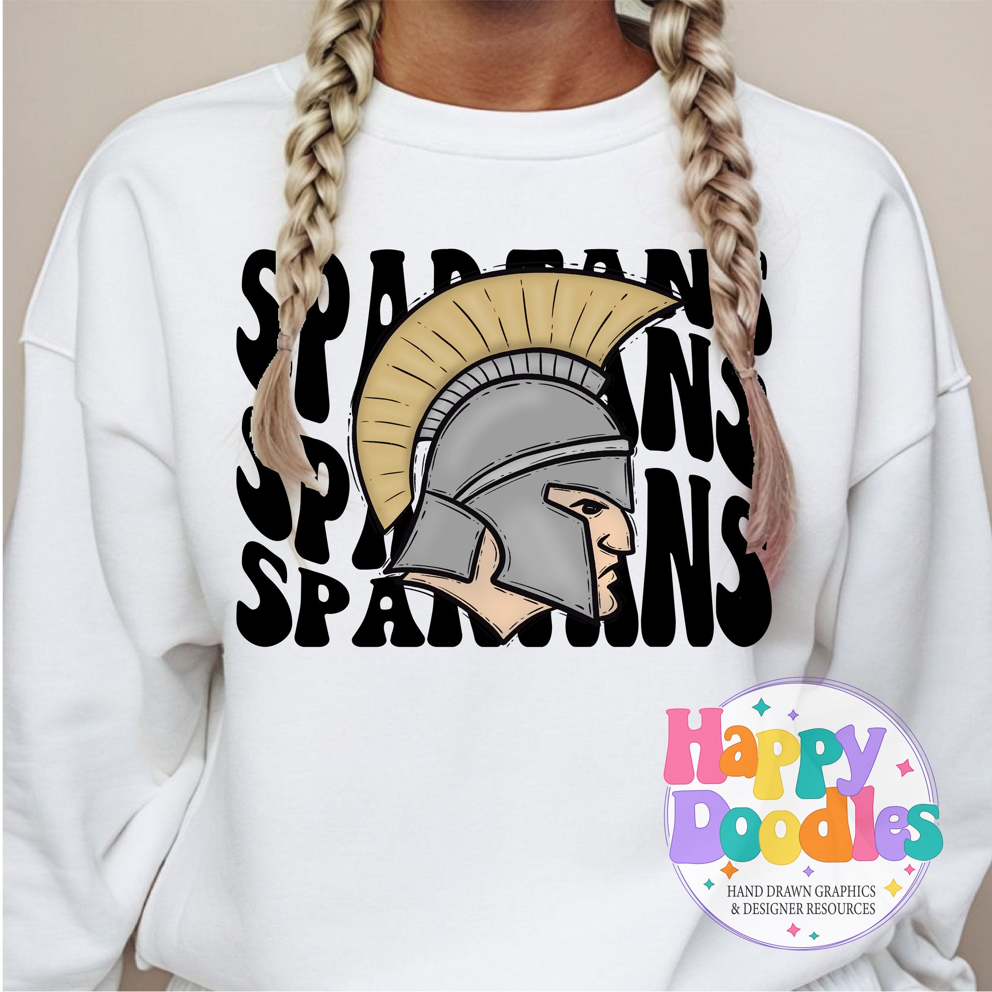 Wavy Retro Spartans Mascot Printable PNG T‑Shirt Design - Happy Doodles Designs